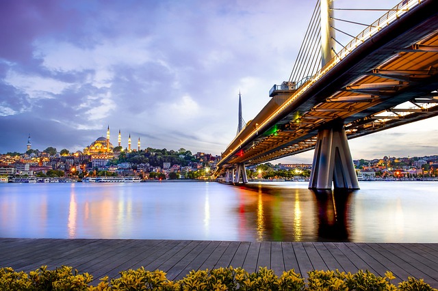 Istanbul, Turkey - a view of a bridge and the Blue Mosque